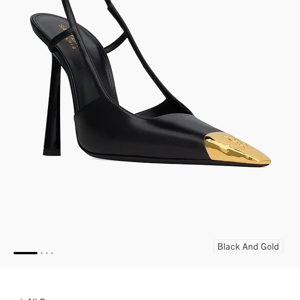 Brand New Saint Laurent Jeanne Black Slingback Heels with Gold Toe Accent - Picture 12 of 15
